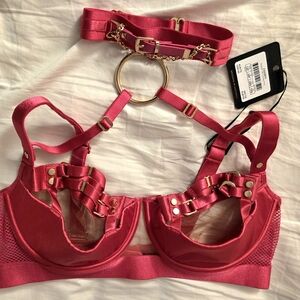 Honey Birdette Jasmin Hot Pink Satin Strappy Harness Bra with Gold Ring